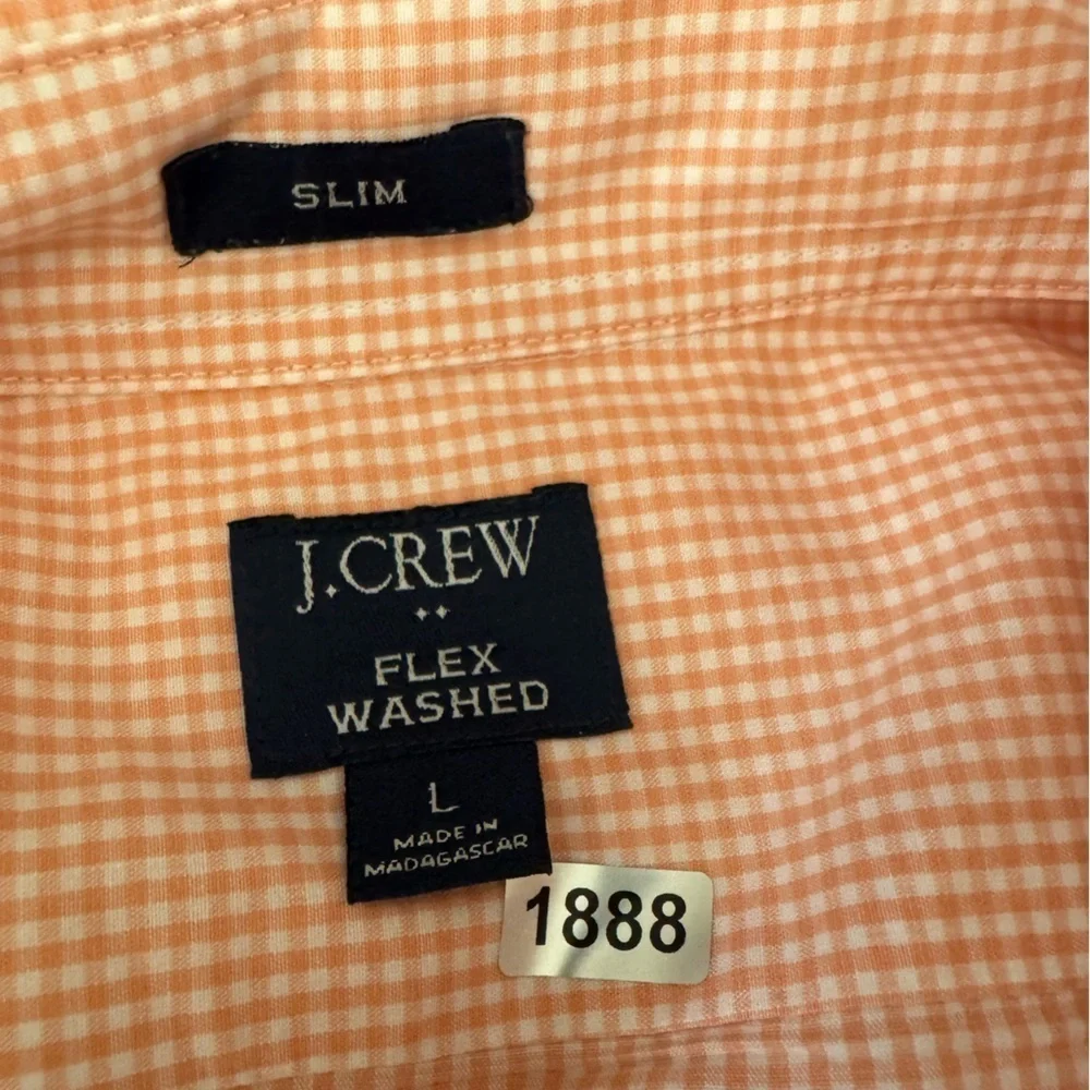 J. Crew Men's Gingham Flex Long Sleeve Button Down Slim Cut Shirt Peach/White L